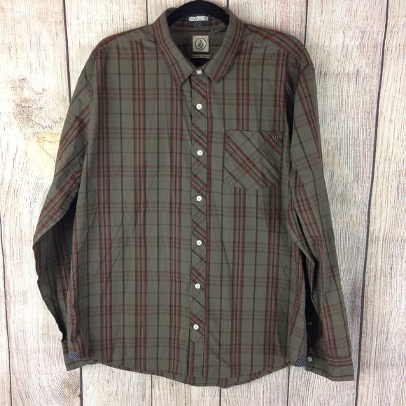 Volcom Other - Volcom Classic Fit Brown & Red Button Down Sz XL